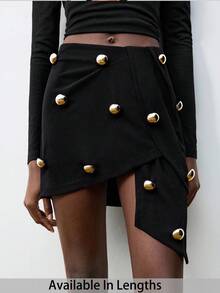 SHEIN Tall CURVE Chân váy đen dáng xòe bất đối xứng, thiết kế thời trang mùa hè dành cho nữ cỡ lớn, trang trí cúc áo, thích hợp cho sinh hoạt hàng ngày, đi làm, đi học, đi dạy, họp hành, đi chơi, thư giãn, mùa hè cho nữ, ngày Valentine cho nữ, dự tiệc, phong cách thường ngày cho nữ. Chân váy đen dáng xòe bất đối xứng, trang trí cúc vàng. - màu đen - Xem 7