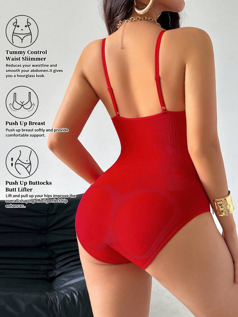 1pc Seamless Women Shapewear Bodysuit - Red - View 1