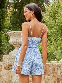 Vivid Eden 女士休闲优雅浪漫度假抽绳腰连体裤，蓝色碎花印花连体裤 - 藍白色 - 查看 16