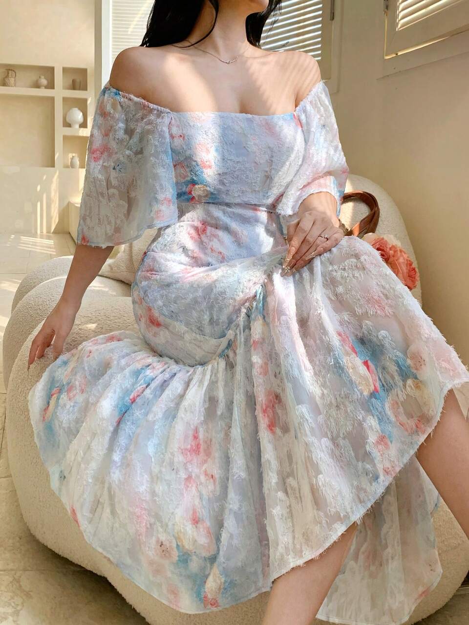 Blue And Pink,Summer,Elegant,Date Tie-Dye Ditsy Floral Bodycon Midi Dress,Casual Vacation Beach Wedding Guest Sundress Boho,Suitable For Commute