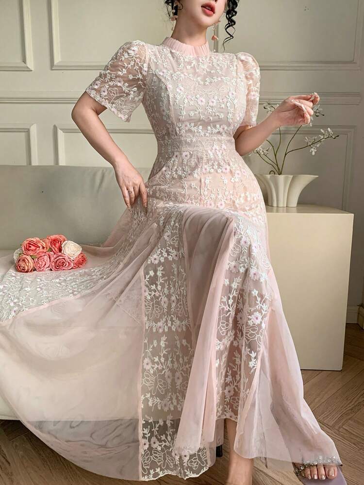Women's Elegant Floral Patchwork Stand Collar Dress, Summer Wedding Guest Dress Sundress