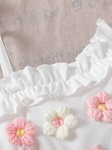 SHEIN 女婴时尚优雅不对称肩部3D立体花朵蝴蝶结连体衣，夏季 - 粉色 - 查看 5