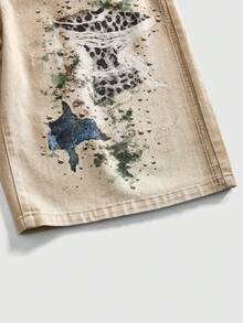 ROMWE MEN Street Life Men's Wasteland Leopard Print Pocket Casual Denim Shorts - Brown - View 10