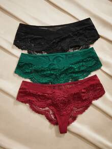 Charlaine 3pcs Solid Color V-Waist, Floral Lace, Lace Patchwork, Fashionable, Sexy, Everyday, Comfortable, Casual Women's Panties - Multicolor - View 1