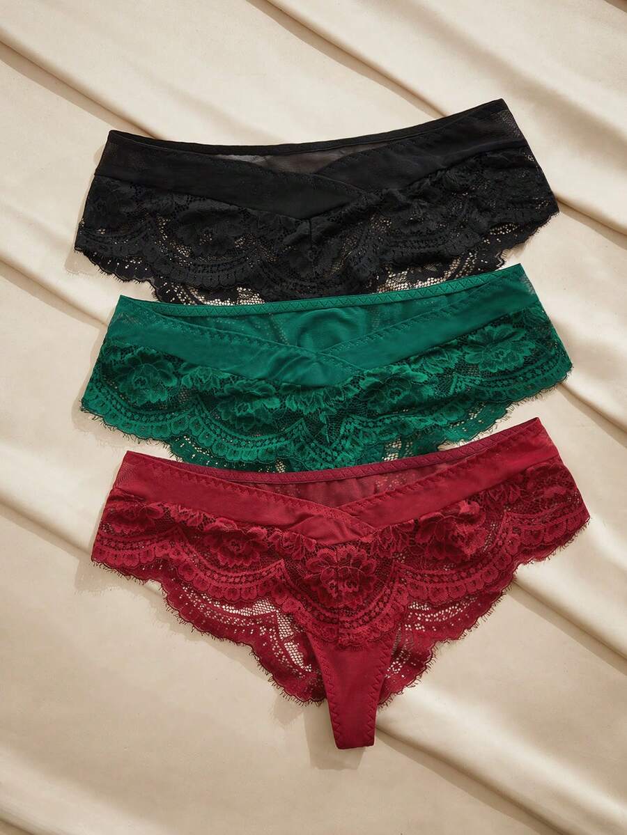 Charlaine 3pcs Solid Color V-Waist, Floral Lace, Lace Patchwork, Fashionable, Sexy, Everyday, Comfortable, Casual Women's Panties - Multicolor - View 1