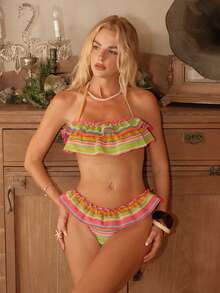 Swim Mod 2pcs Girls Special Fabric Floral Trim Tankini Top & Ruffle Trim Bottoms Swimsuit Set - Multicolor - View 1