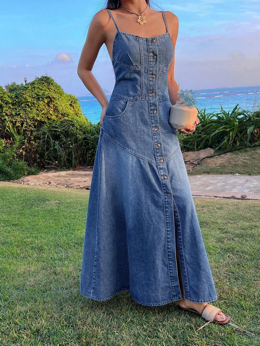 Livesso Sleeveless Distressed Waist-Cinched Casual Denim Dress For Women - Blue - View 1