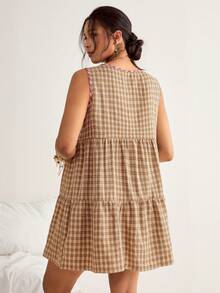 Freevana 大码女式系带格子圆领无袖荷叶边下摆休闲连衣裙，黑白格子连衣裙，夏季休闲连衣裙，返校节连衣裙，优雅派对连衣裙，适合春秋季、度假和约会穿着 - 彩色 - 查看 2