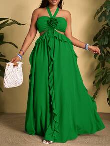 Veslaya 大码女装春夏新款日常休闲、沙滩、旅行印花露背系带荷叶边下摆、腰部镂空A字长裙，裹身式连衣裙，女士吸睛连衣裙，惊艳之作 - 綠色 - 查看 7