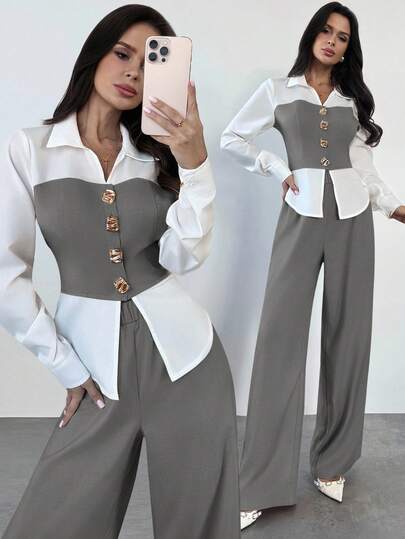 Firerie 休闲优雅杏色仿亚麻拼接衬衫搭配宽松直筒西装裤两件套，适合女士/秋季女装/通勤装/教师装/返校季/复古风/商务休闲女装/女士办公室着装