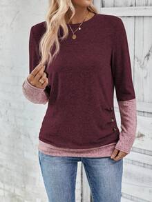 EMERY ROSE 女士休闲撞色拼接二合一T恤，秋季图案T恤女式上衣 - 彩色 - 查看 5