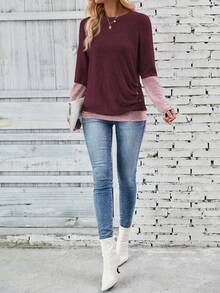 EMERY ROSE 女士休闲撞色拼接二合一T恤，秋季图案T恤女式上衣 - 彩色 - 查看 6