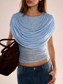 Avenya Polka Dot Blue Brown Mesh Knit Draped Top Cape Detail T-Shirt, Stylish Street Wear, Beach Vacation, Italian Holiday, Going Out, Old Money, Cruise, Brunch, Office, Teacher Outfits, Three-Dimensional Cutting Style, Office Siren, Sexy Goddess, Spicy Girl Style, Y2K, Homecoming, Summer&Autumn, Elegant, Carnival, Vacation, Party - Blue - View 3