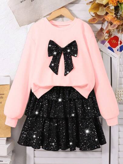 SHEIN 2件套少女休闲印花T恤和印花长裤套装，含购物袋，时尚少女装扮