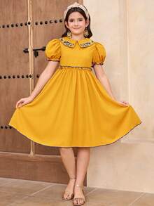 Vestido para niña preadolescente primavera/verano casual vacaciones exquisito bordado floral & plantas cuello plisado manga corta abullonada línea A tejido unicolor amarillo NIÑOS - Amarillo - Ver 3