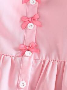 SHEIN Vintaside Kids Bộ 2 món cho bé gái mùa hè & thu, kiểu dáng thường ngày, trang trí nơ, gồm áo tay ngắn và quần short jeans. - Hồng - Xem 6