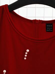 SHEIN Unity Abito elegante da donna in velluto rosso, adatto per l'ufficio e le feste, con collo rotondo, decorazione con perline, cintura in vita, senza maniche, con spacco sul fondo, abito aderente, vestito lungo e grazioso per l'autunno/inverno - Rosso - Visualizzare 5