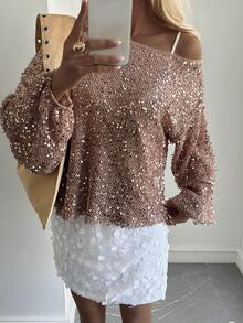 Livesso Women's Solid Color Sequin Off-Shoulder Long Sleeve Loose Top Carnival - Champagne - View 6
