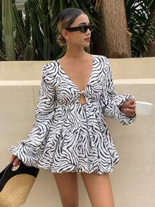 Livesso 女士斑马纹灯笼袖单扣花边下摆性感时尚长袖衬衫 - 白色 - 查看 5