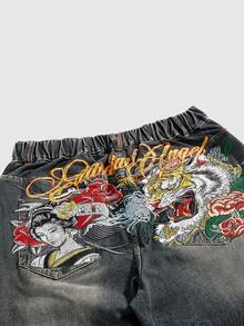 ROMWE Avant 大码新款中国风虎头艺伎图案刺绣复古女式牛仔裤 - 藍色 - 查看 3