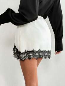 Siren Gaze 女士时尚优雅撞色蕾丝开衩裙摆半身裙 - 杏色 - 查看 2