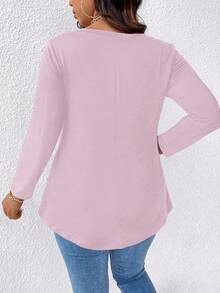 Femmeverse Camiseta casual de manga larga con cuello en V de un solo color para tallas grandes, para primavera - Púrpura malva - Ver 2