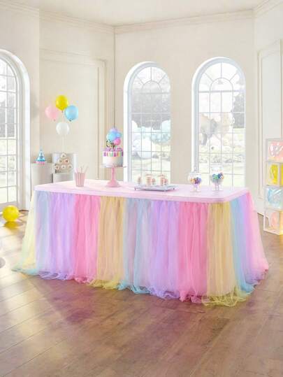 1pc Colorful Ruffle Tulle Table Skirt, Fit For Rectangle And Round Tables - Perfect For Birthday Party, Wedding, Bridal Shower, Cake Table Decor, And All Celebration Events