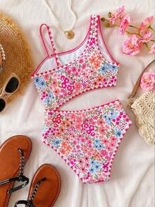 SHEIN Tween Girl Ditsy Floral One-Piece Swimsuit,White Boho Ruffle Trim Bathing Suit,Summer Holiday Vacation Pool Party High Waisted Tropical Beachwear - Multicolor - View 2