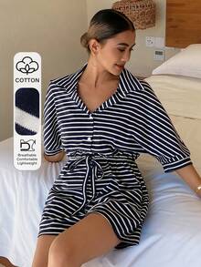 DAZY Women's Minimalist Striped Short Jumpsuit Loungewear - Blue - View 3