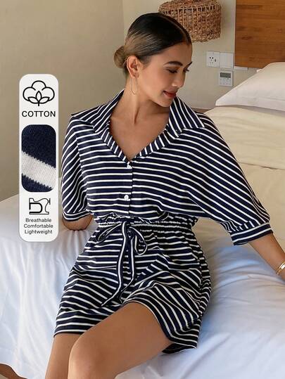 DAZY Women's Minimalist Striped Short Jumpsuit Loungewear
