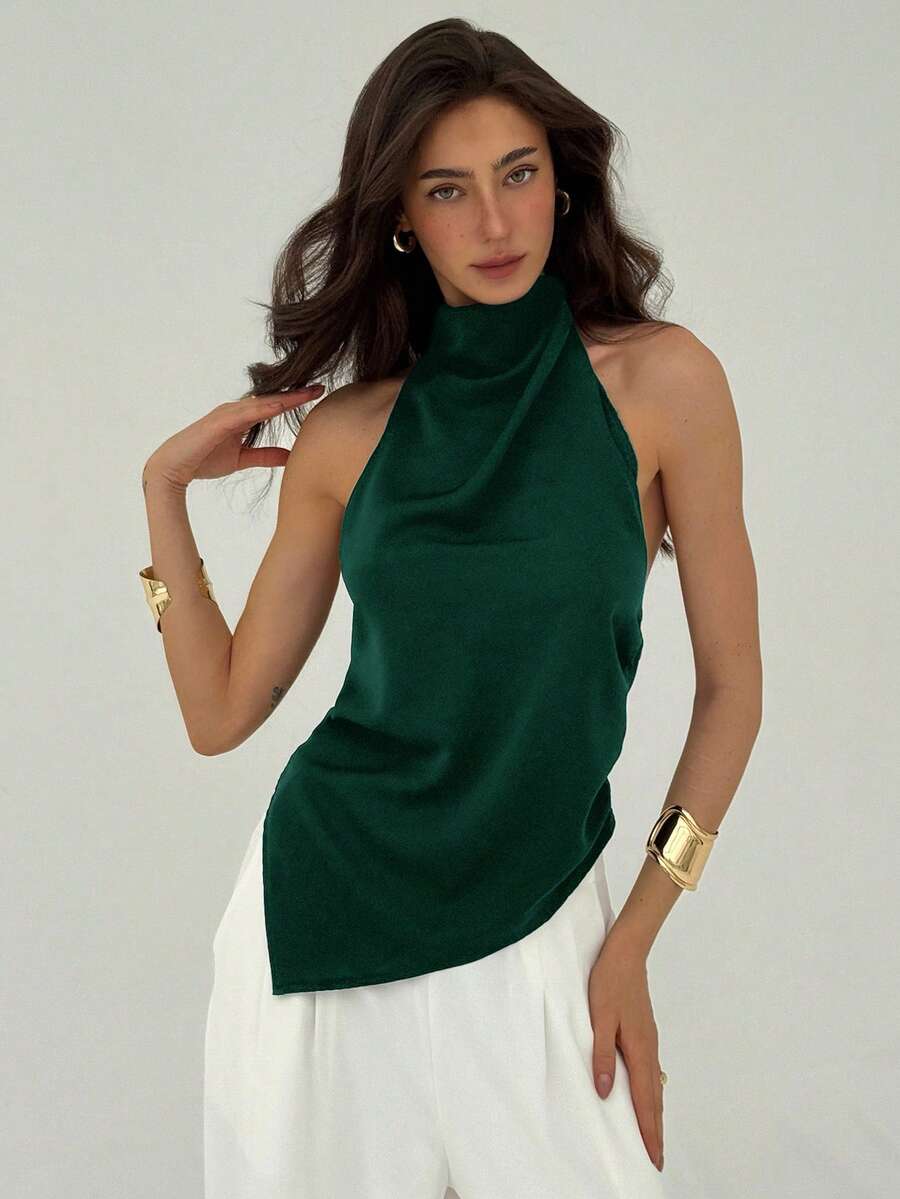 Aloruh Women's Sexy Solid Color Backless Halter Top, Summer - Dark Green - View 1