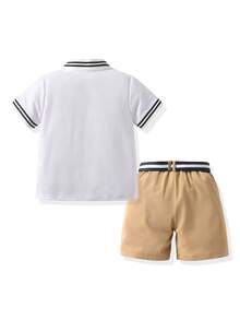两件套男童休闲恐龙刺绣短袖polo衫，柔软舒适的恐龙刺绣短裤，配腰带，绅士风格，适合上学、休闲、度假、旅行、放松、日光浴、夏季等场合。 - 白色 - 查看 2