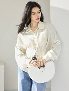 Heiryn Elegant Off-White Women's Loose Ribbed Button Up Blouse,Autumn Office Oversized Shirt For Vacation Wedding Guest Party,Spring Summer Cream Blouse - White - View 6