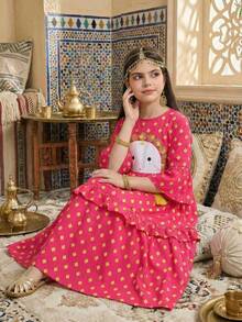 SHEIN Đầm maxi dáng chữ A tay phồng phối màu họa tiết hoa retro cho bé gái tuổi teen - Hồng - Xem 9