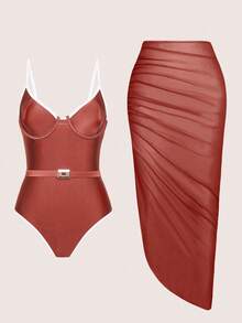 Swim Oasis 一件纯色泳衣+罩衫，女士春夏沙滩泳装，适合外出穿着 - 棕色 - 查看 1