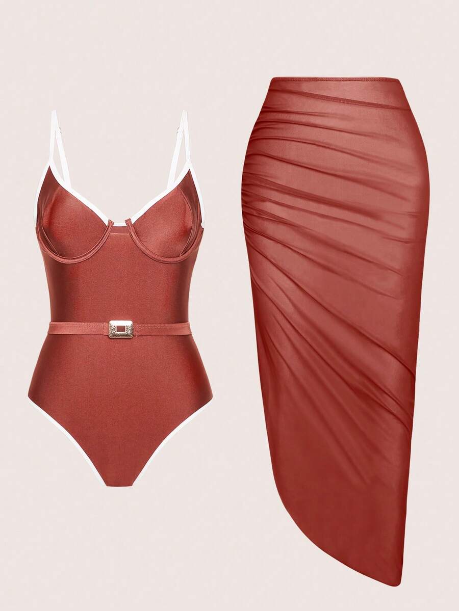 Swim Oasis 一件纯色泳衣+罩衫,女士春夏沙滩泳装,适合外出穿着 - 棕色 - 查看 1