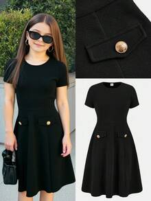 SHEIN Firerie Kids 少女黑色优雅派对金色纽扣装饰A字中长连衣裙，春夏款 - 黑色 - 查看 1