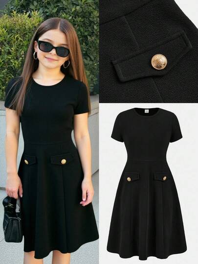 SHEIN Firerie Kids Tween Girl Black Elegant Party Gold Button Decor A-Line Midi Dress, Spring/Summer