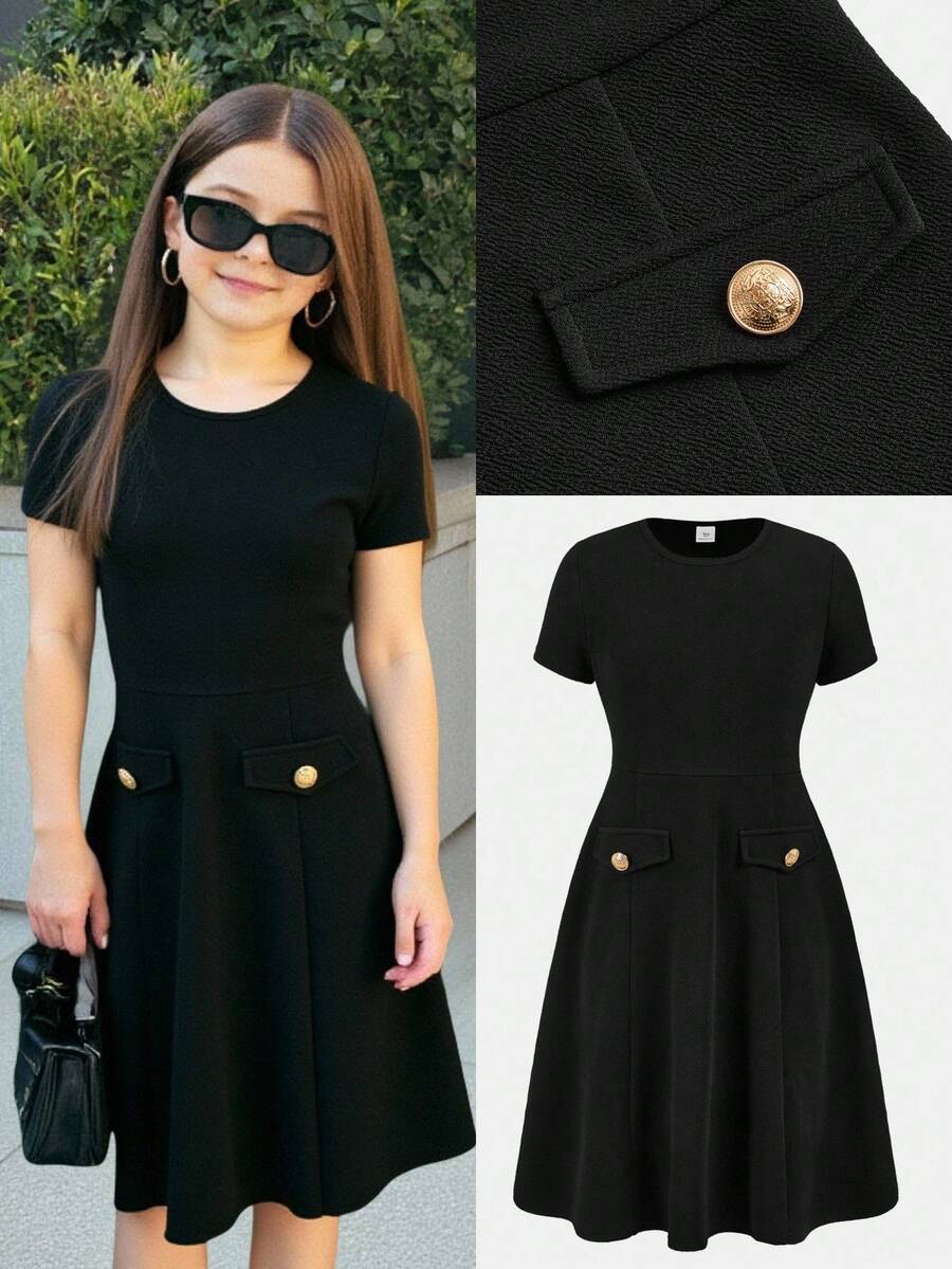 SHEIN Firerie Kids 少女黑色优雅派对金色纽扣装饰A字中长连衣裙,春夏款 - 黑色 - 查看 1