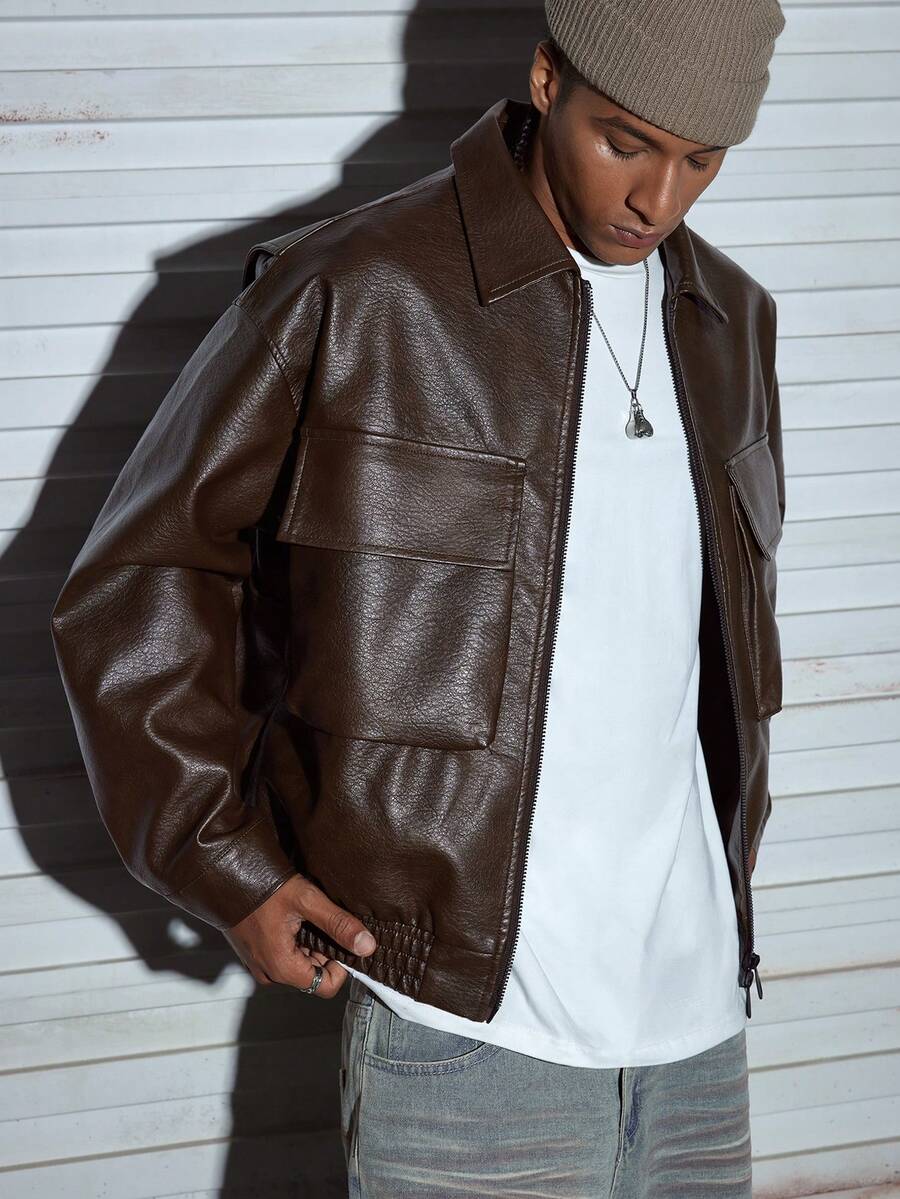 Modcrash Men's Long Sleeve Spring/Autumn Casual Loose-Fit Lapel Motorcycle Leather Jacket - Coffee Brown - View 1