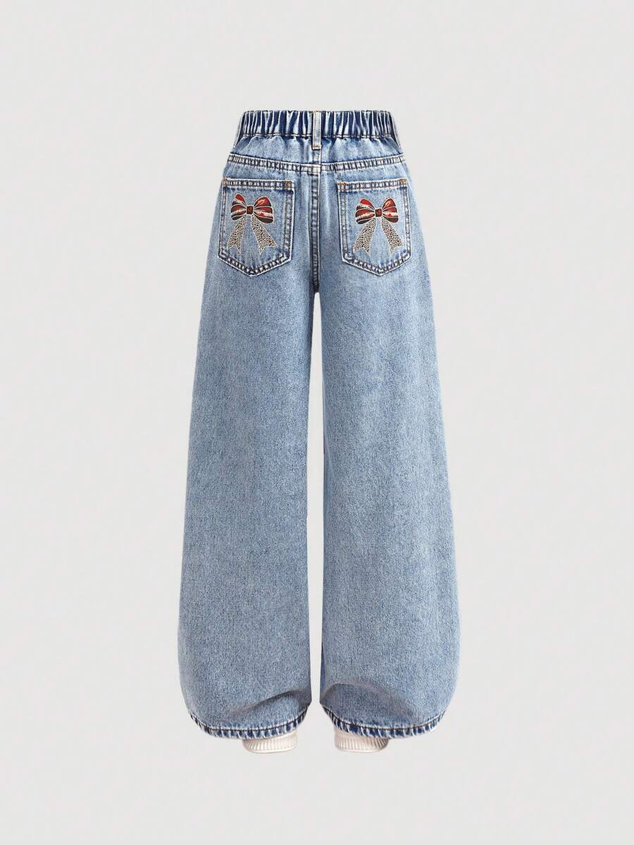 SHEIN Tween Girls Fashion Casual Versatile Leopard Bow Print Wide Leg Jeans For Best Clothes Dailywear And Spring To Summer Rave Festival And Streetwear Clothes New SS26 Fashion - Blue - View 1