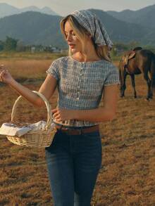 WESTFADE Embroidered Plaid Scoop Neck Button Front Short Sleeve Smocked Ruffle Cropped Top & Matching Headscarf Women Two Piece Matching Set - Blue - View 3