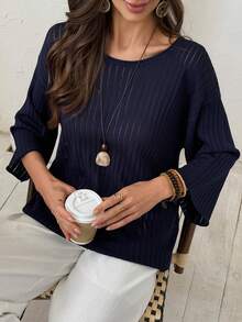 Vivie Lora Women's Loose Fit Crew Neck Mid-Length Sleeve Lightweight Knit Sweater Top - Blue - View 2