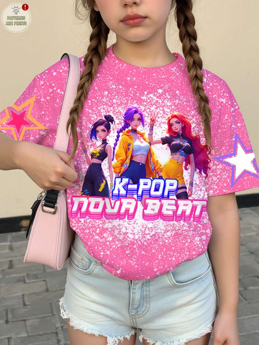 Tween Girl Fashionable & K-POP Girl Group Letter & Star Print, Colorful Cartoon Character Cream Pink Casual Short Sleeve Crew Neck T-Shirt, Suitable For Holidays, Parties, Daily Wear, Concerts, Summer Y2k Tops Girls Kids Kpop Y2k Girl Shirts Kid Girl Star T-Shirts Y2k - Multicolor - View 1