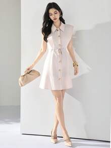 Heiryn Women's Elegant Minimalist Short Dress With Collar, Single-Breasted, Waist Tie Design - Pink - View 3