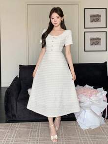 DAZY 女士优雅纯色纹理纽扣长连衣裙，春夏款 - 米色 - 查看 10