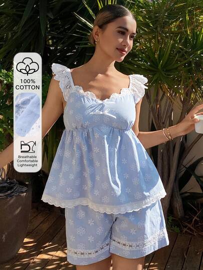 DAZY Sweet Bow Decor, Ditsy Floral, Contrast Color, Embroidered Lace Patchwork Women Pajama Set