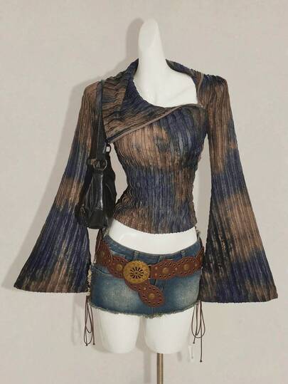 SHEIN ICON Y2k Women's Western Goth Going Out Fitted Flare Sleeve Contrast Color Asymmetric Collar Long Sleeve Top,Spring To Summer