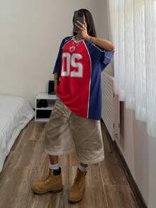 StreetHx 女士宽松V领T恤，印有运动赛事数字、嘻哈舞蹈图案，宽松上衣，适合棒球、足球等运动。 - 紅色 - 查看 4