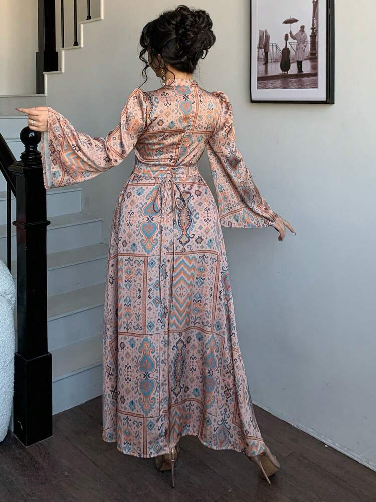 Women's Elegant Floral Print Stand Collar Puff Sleeve Tie-Waist Dress, Spring/Summer Wedding Guest Dress Easter Dress Sundress Boho